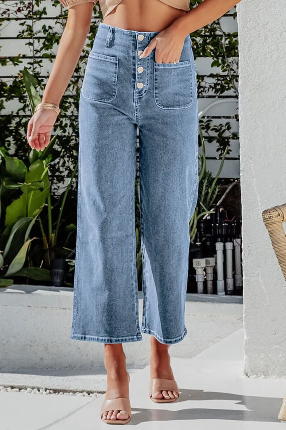 Button Fly Cropped Wide Leg Jeans