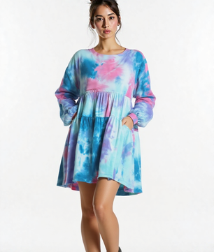 Umgee Full Size Tie Dye Round Neck Long Sleeve Babydoll Tiered Dress Plus Size