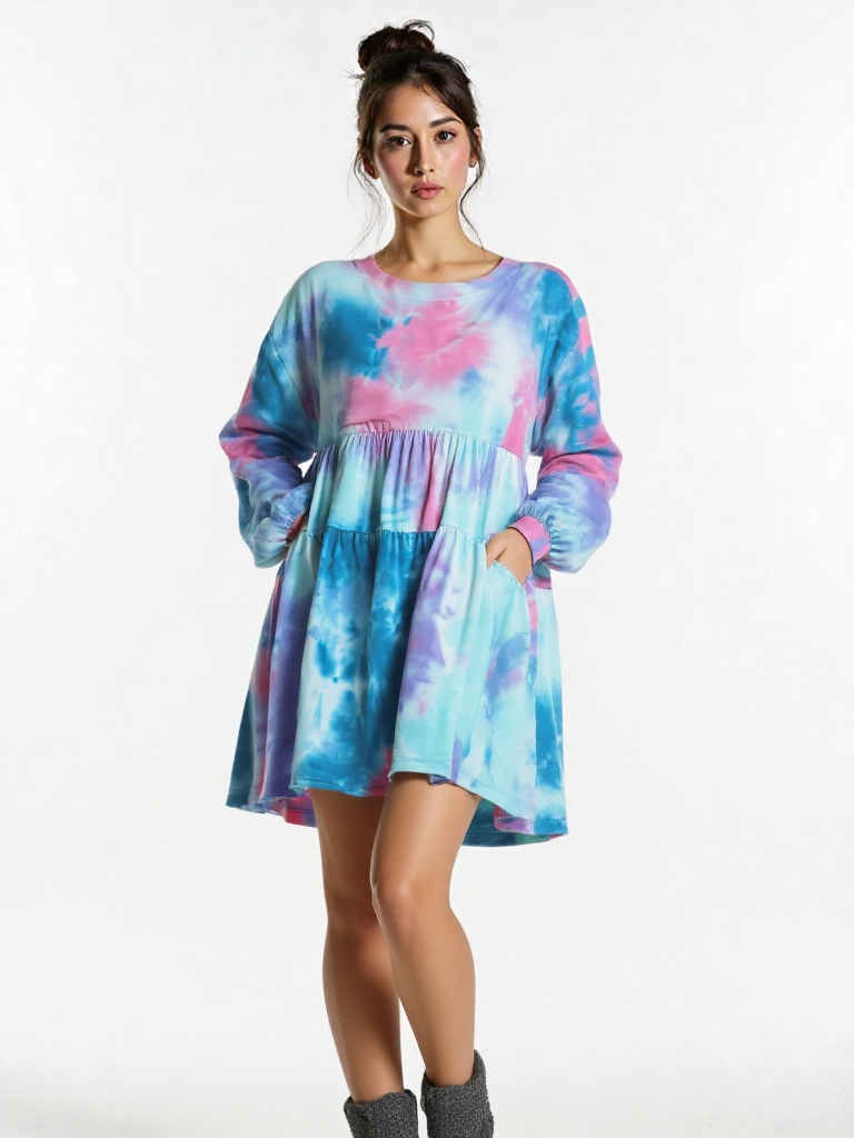 Umgee Full Size Tie Dye Round Neck Long Sleeve Babydoll Tiered Dress Plus Size