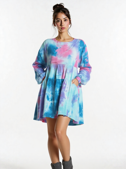 Umgee Full Size Tie Dye Round Neck Long Sleeve Babydoll Tiered Dress Plus Size