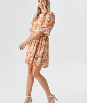 Mittoshop Flower Print Linen Blend Babydoll Mini Dress