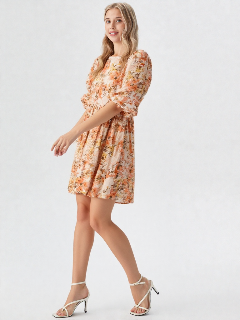Mittoshop Flower Print Linen Blend Babydoll Mini Dress