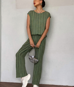 Round Neck Cap Sleeve Top and Pants Set