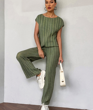 Round Neck Cap Sleeve Top and Pants Set