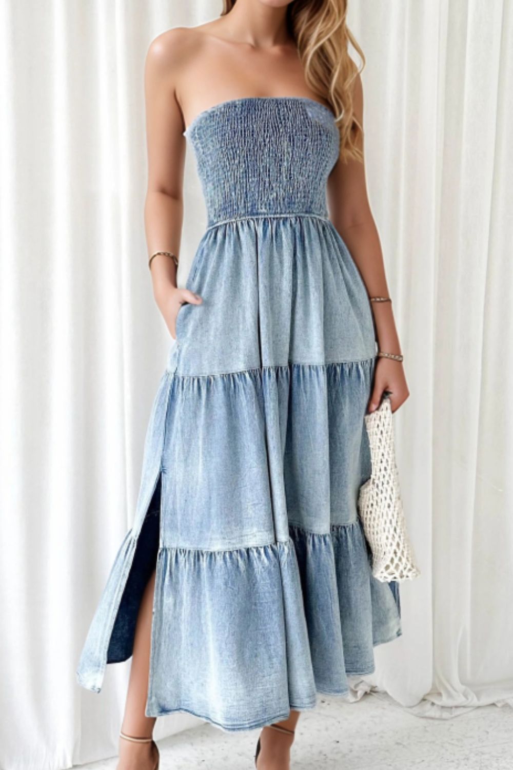 Smocked Tube Slit Tiered Denim Dress