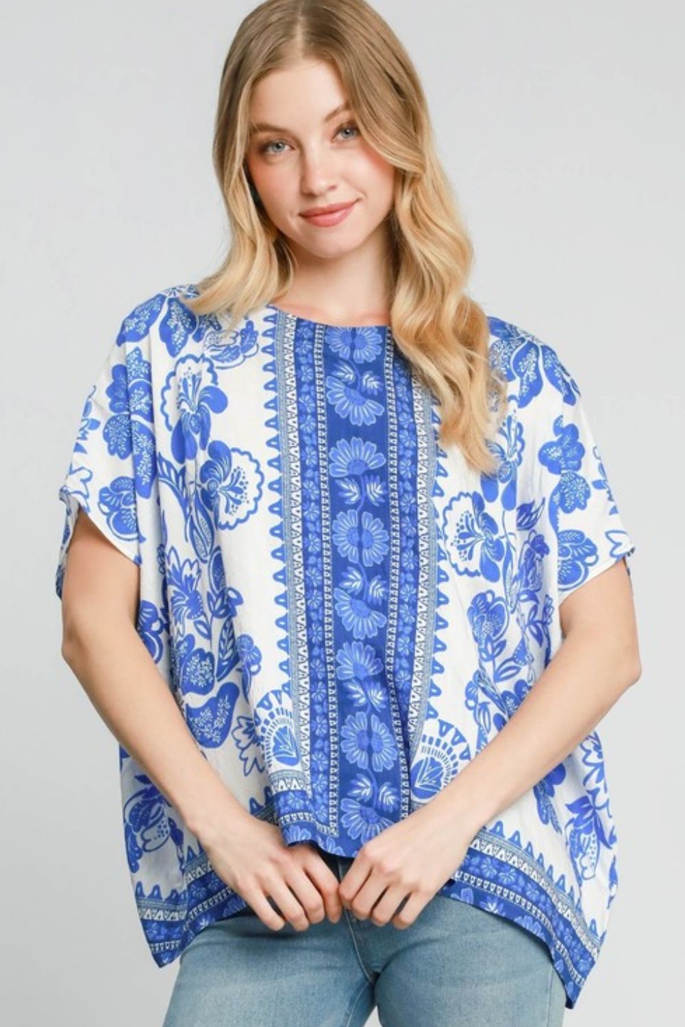 Umgee Full Size Floral Border Print Oversized Top Plus Size