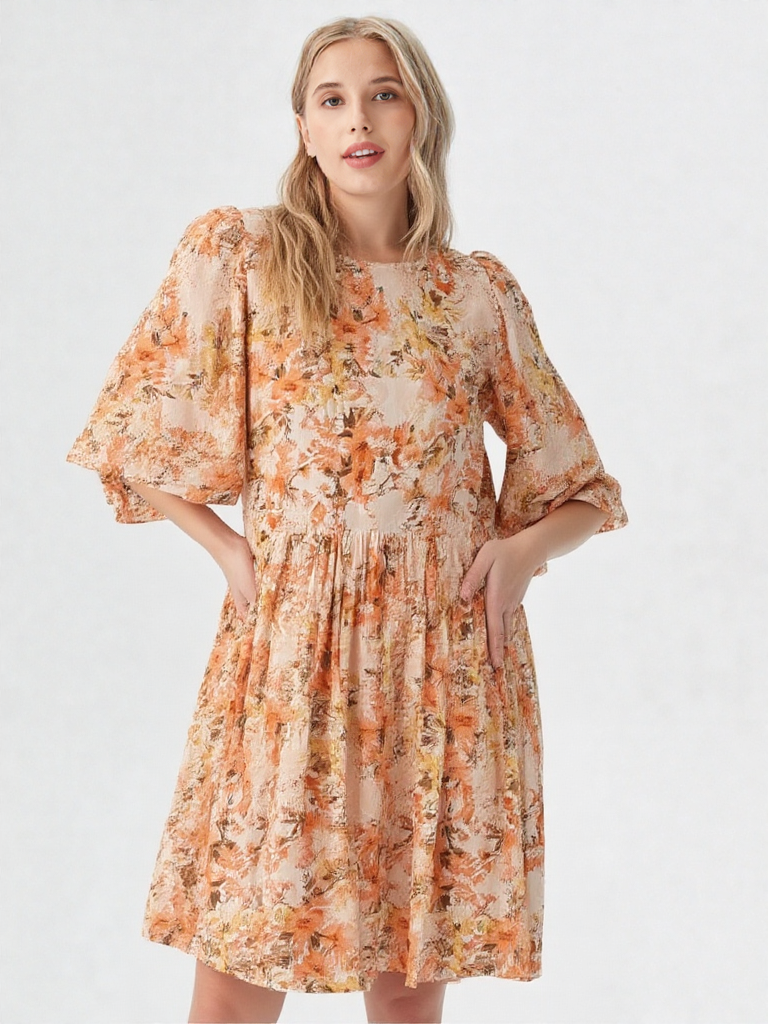 Mittoshop Flower Print Linen Blend Babydoll Mini Dress