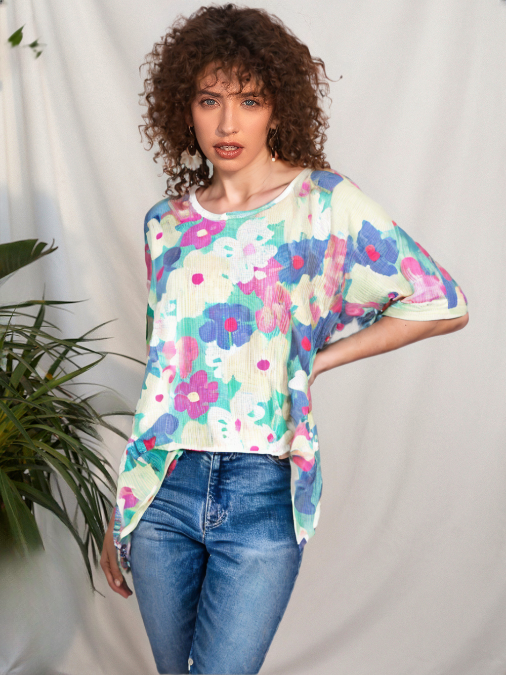 HOPELY Floral Waffle Oversized T-Shirt