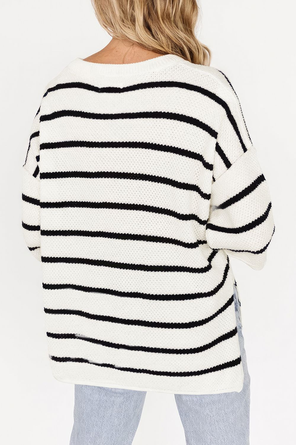 Stripe Drop Shoulder Side Slit Knit Top