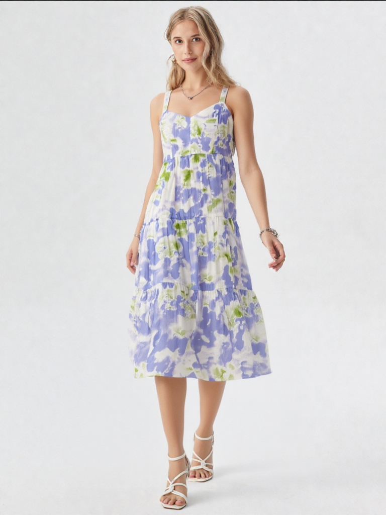 Smocked Back Floral Adjustable Strap Midi Dress