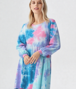 Umgee Full Size Tie Dye Round Neck Long Sleeve Babydoll Tiered Dress Plus Size