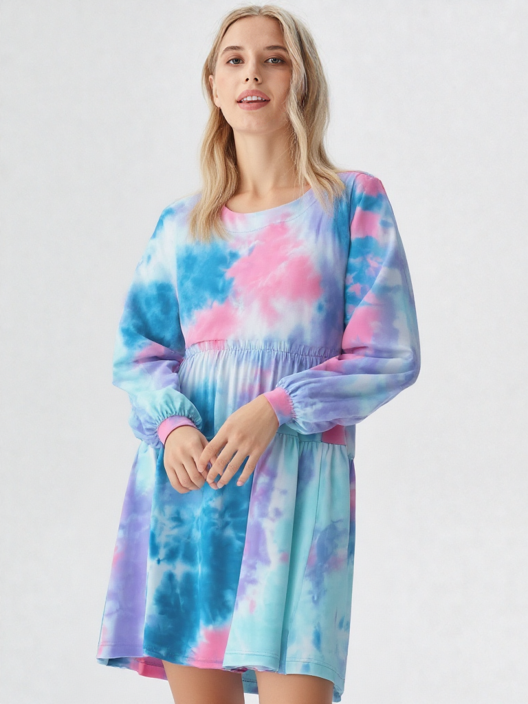 Umgee Full Size Tie Dye Round Neck Long Sleeve Babydoll Tiered Dress Plus Size