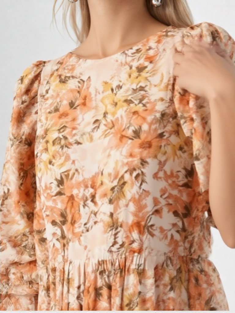 Mittoshop Flower Print Linen Blend Babydoll Mini Dress