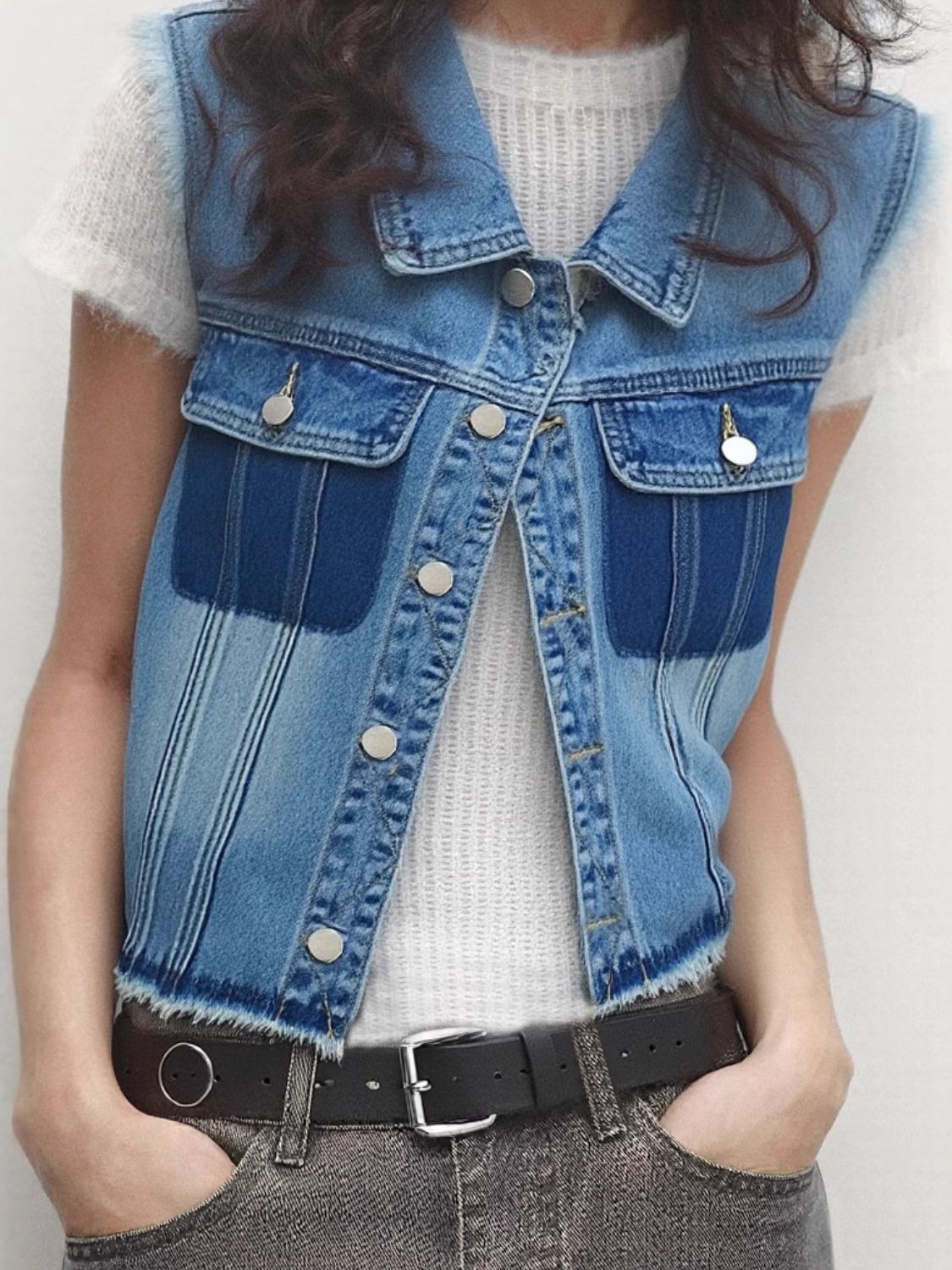 Raw Hem Pocketed Contrast Sleeveless Denim Jacket