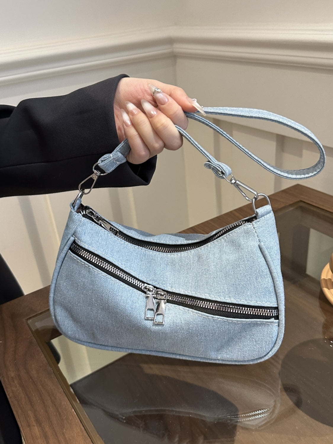 Denim Shoulder Bag with Zip