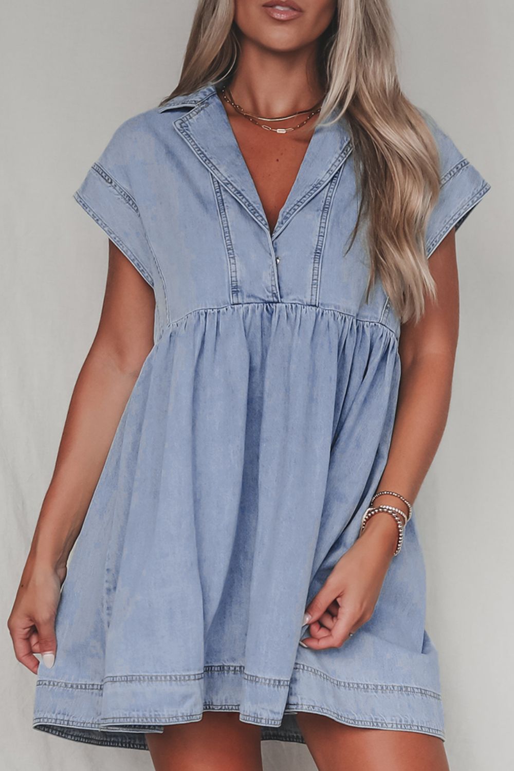 Lapel Neck Cap Sleeve Denim Babydoll Dress