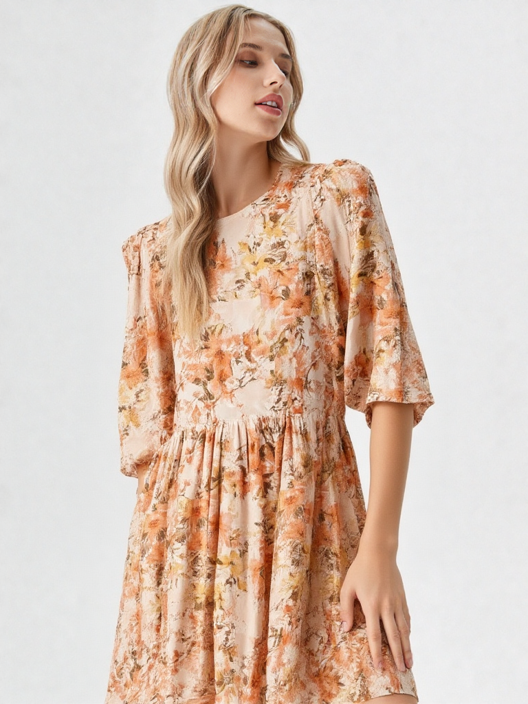 Mittoshop Flower Print Linen Blend Babydoll Mini Dress