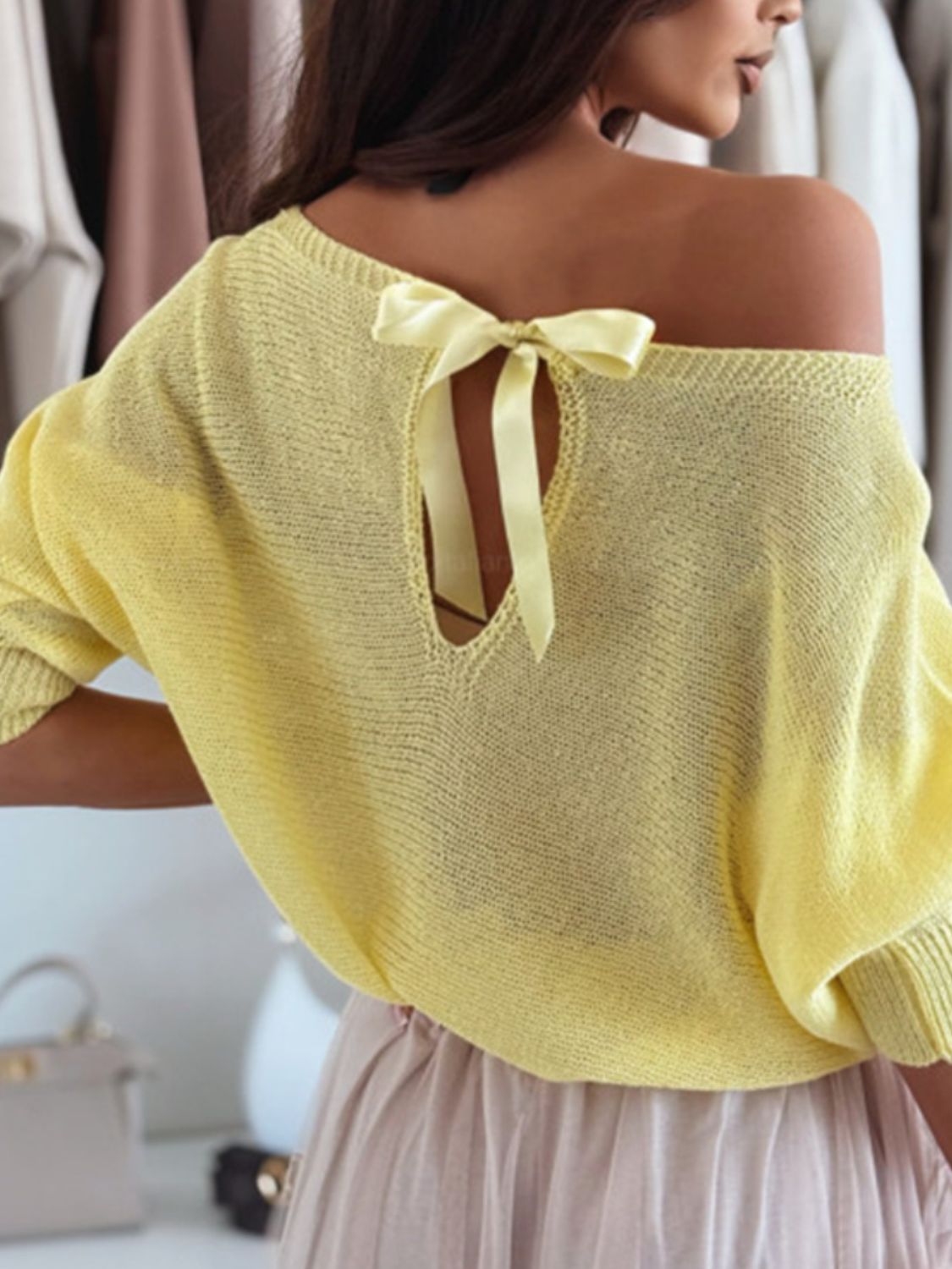 Bow Back Boat Neck Batwing Sleeve Sweater