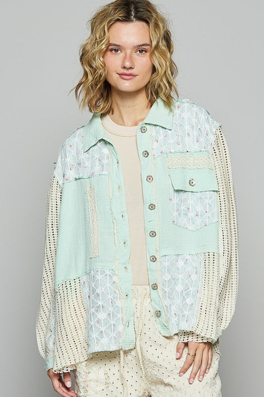 POL Lace Trim Crochet Button Up Denim Jacket