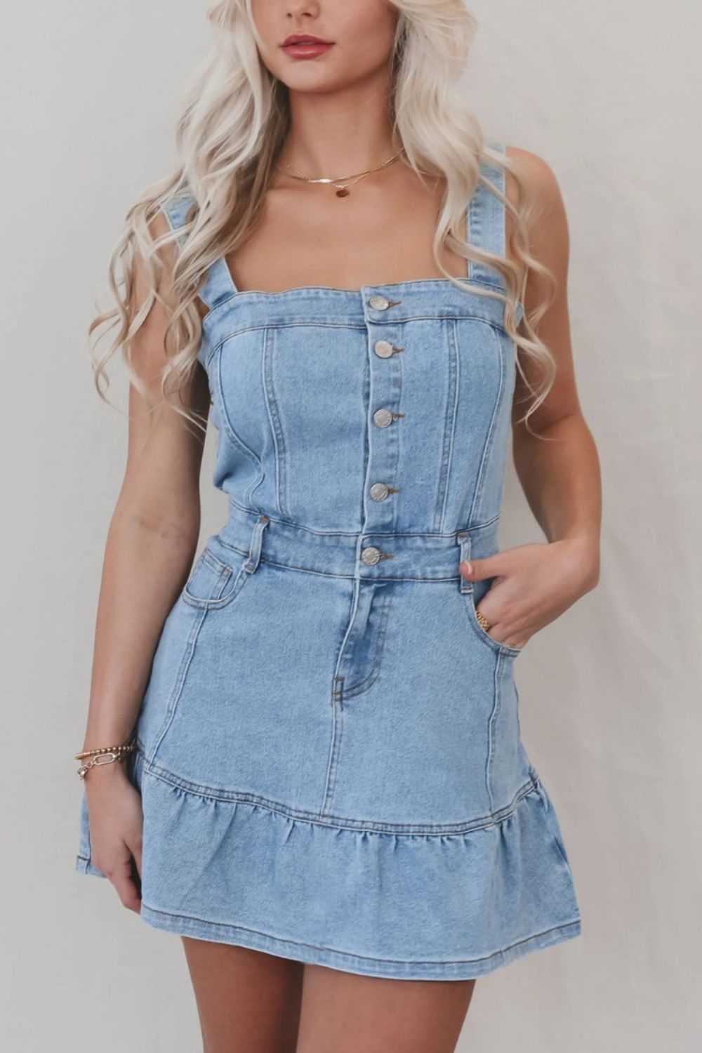 Ruffled Hem Button Front Square Neck Denim Dress