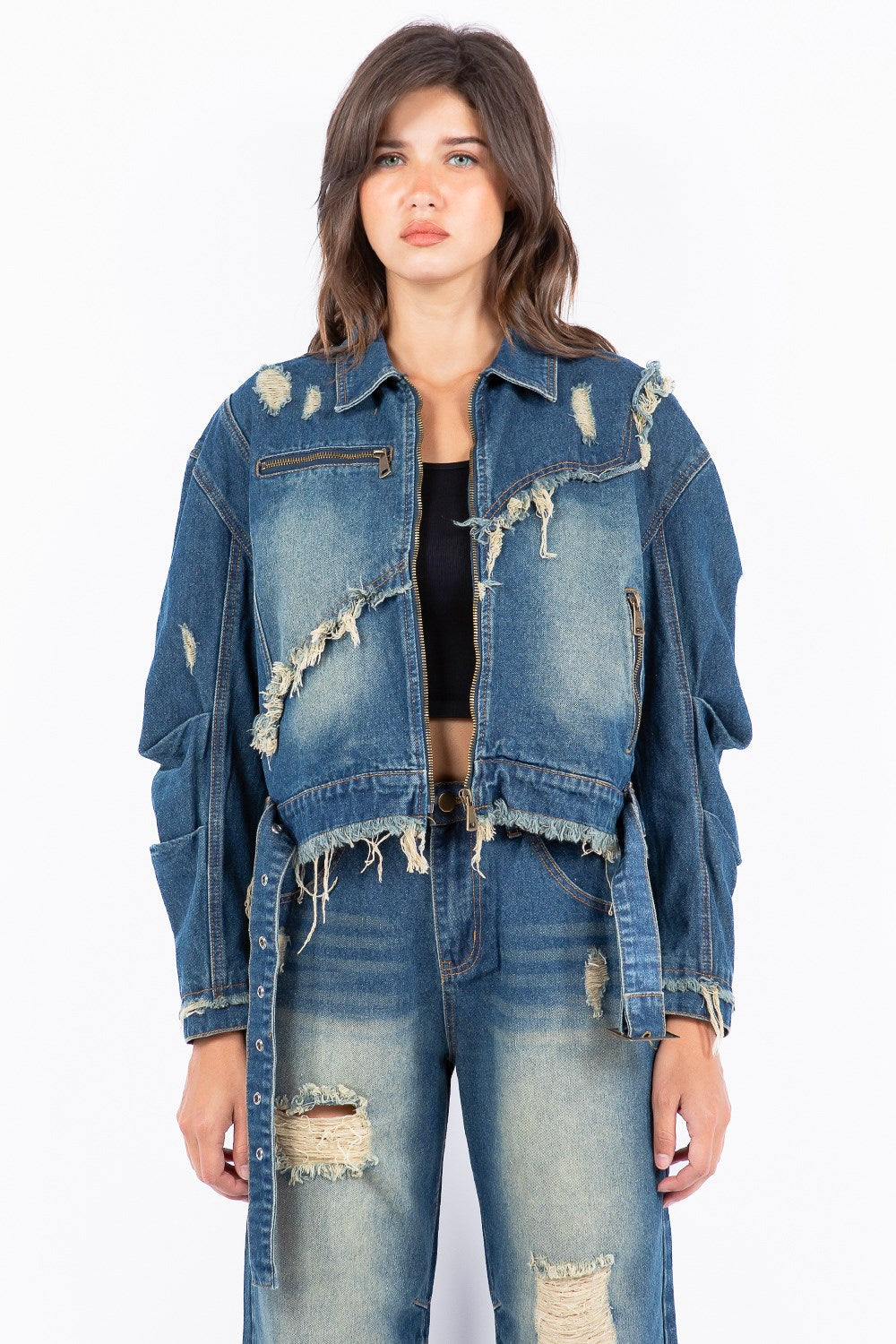 American Bazi Full Size Distressed Frayed Edge Zip Up Denim Jacket Plus Size