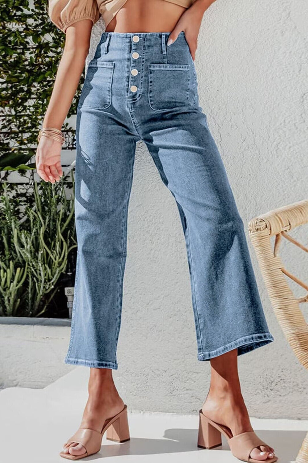 Button Fly Cropped Wide Leg Jeans