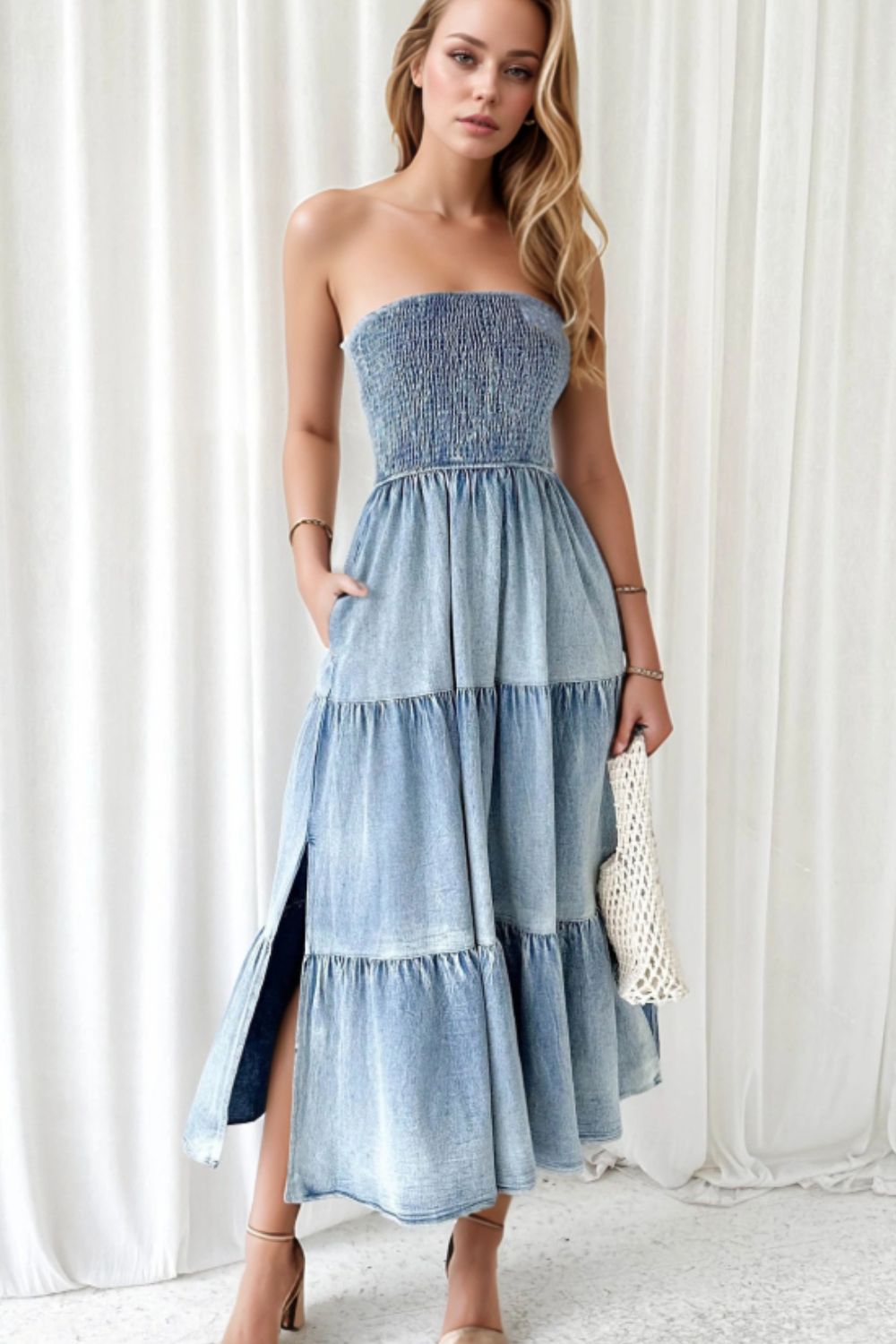 Smocked Tube Slit Tiered Denim Dress