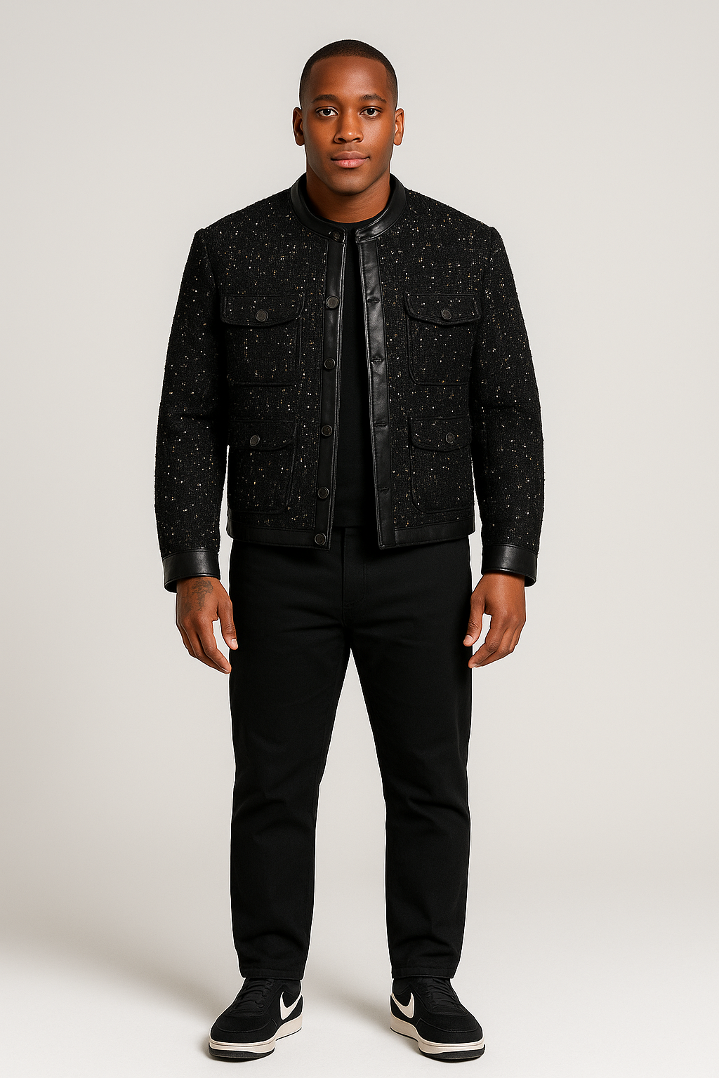 MEN'S SEQUIN-TRIMMED LEATHER COAT