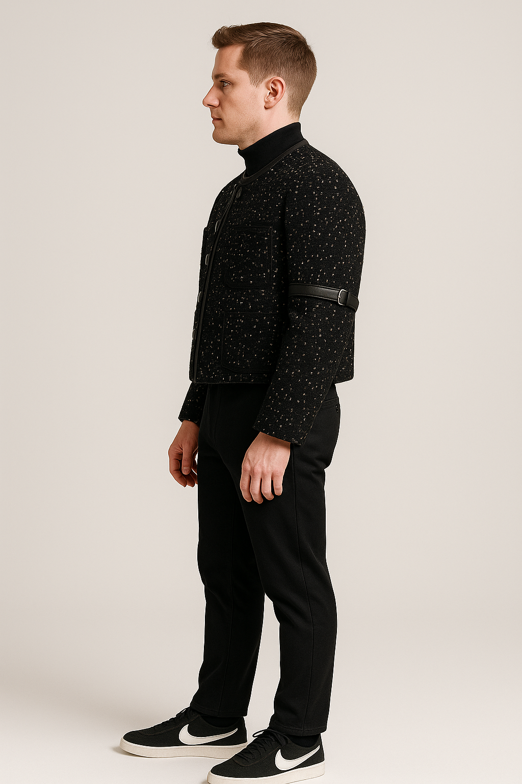 MEN'S SEQUIN-TRIMMED LEATHER COAT