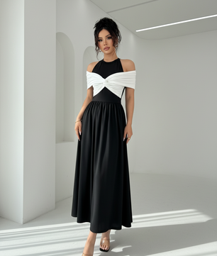 Twisted Contrast Cold Shoulder Midi Dress