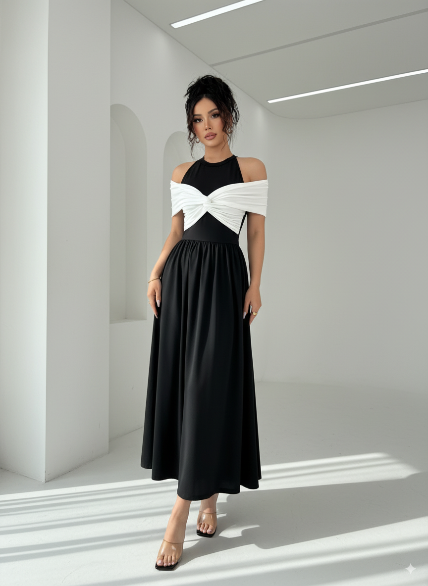 Twisted Contrast Cold Shoulder Midi Dress