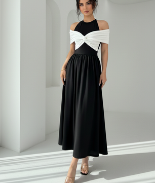 Twisted Contrast Cold Shoulder Midi Dress