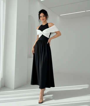 Twisted Contrast Cold Shoulder Midi Dress
