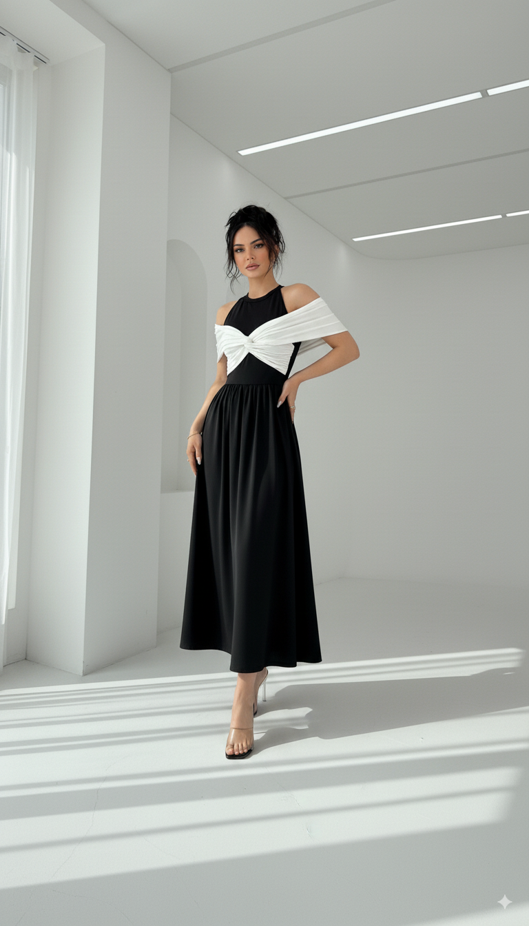 Twisted Contrast Cold Shoulder Midi Dress