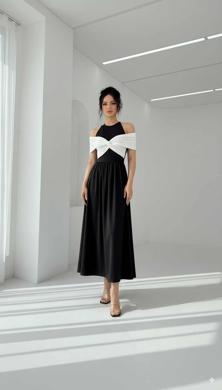 Twisted Contrast Cold Shoulder Midi Dress