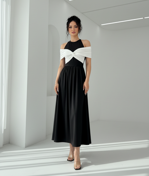 Twisted Contrast Cold Shoulder Midi Dress