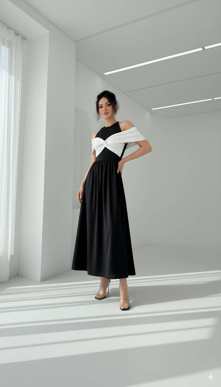 Twisted Contrast Cold Shoulder Midi Dress