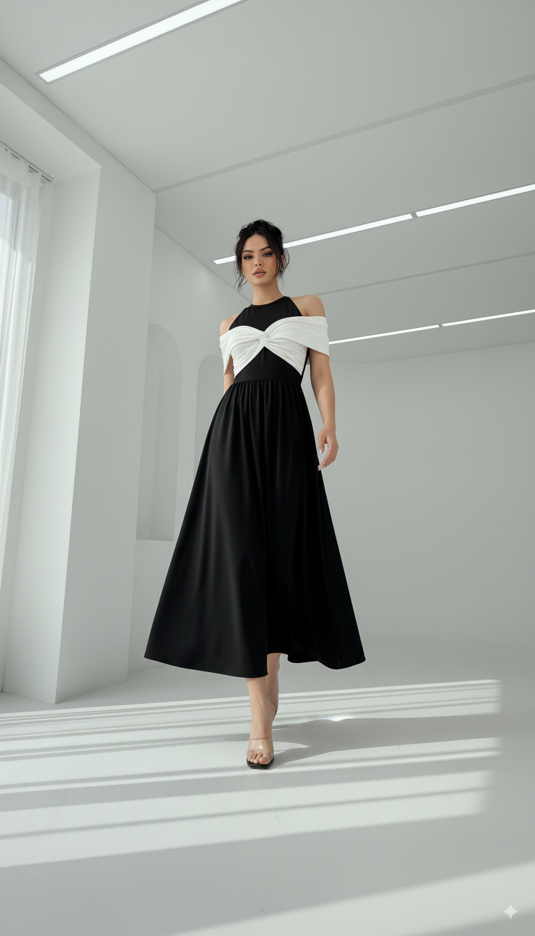 Twisted Contrast Cold Shoulder Midi Dress