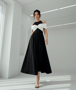 Twisted Contrast Cold Shoulder Midi Dress