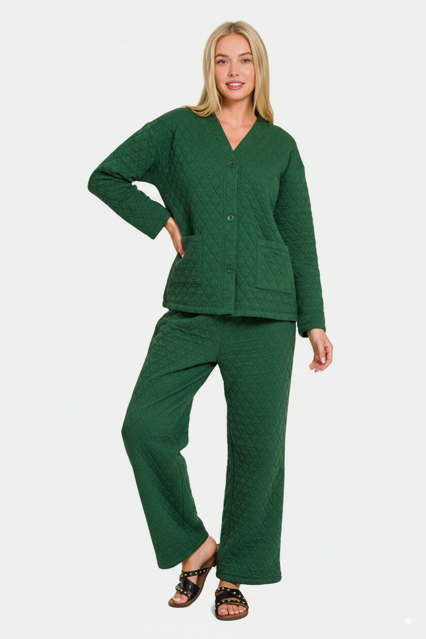 Zenana Quilted Button Up Long Sleeve Top and Pants Lounge Set