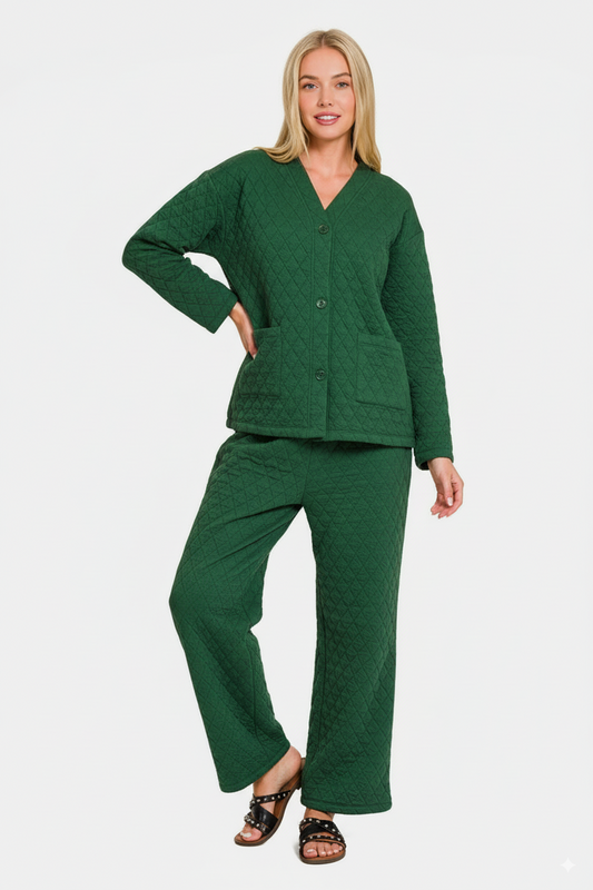 Zenana Quilted Button Up Long Sleeve Top and Pants Lounge Set