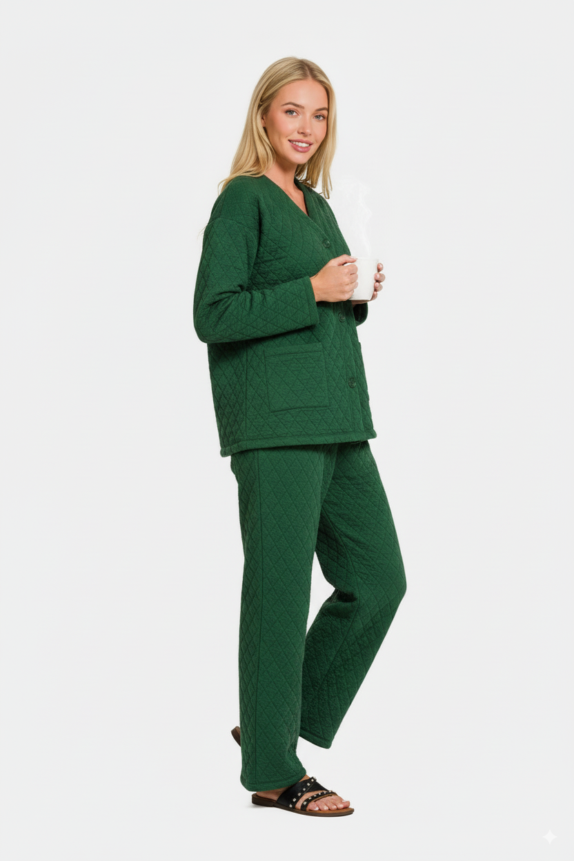 Zenana Quilted Button Up Long Sleeve Top and Pants Lounge Set
