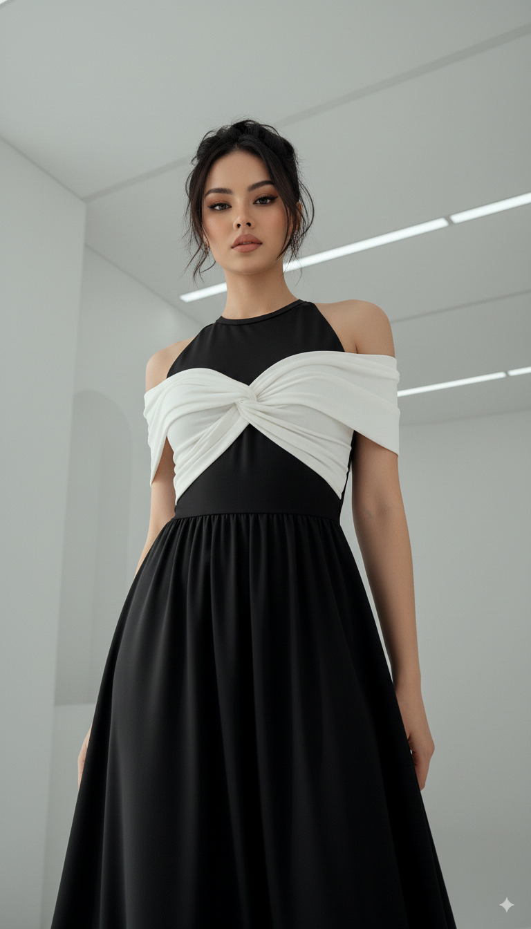 Twisted Contrast Cold Shoulder Midi Dress