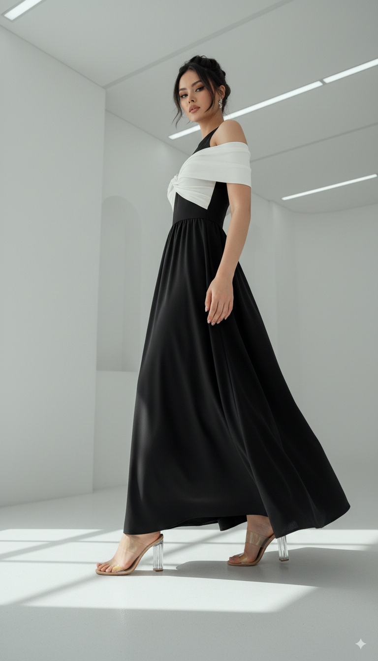 Twisted Contrast Cold Shoulder Midi Dress