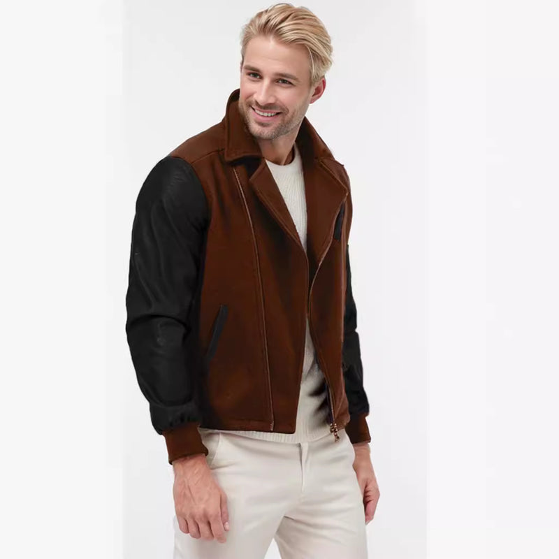 Men's Color Block Wool and PU Leather Jacket