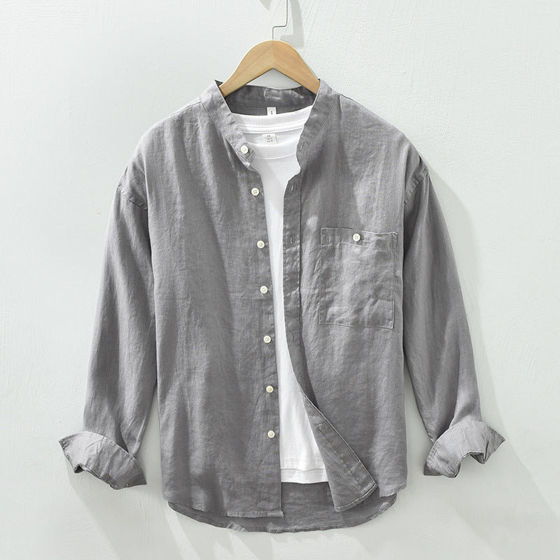 Stand Collar Long-Sleeve Linen Shirt – Casual & Loose Fit