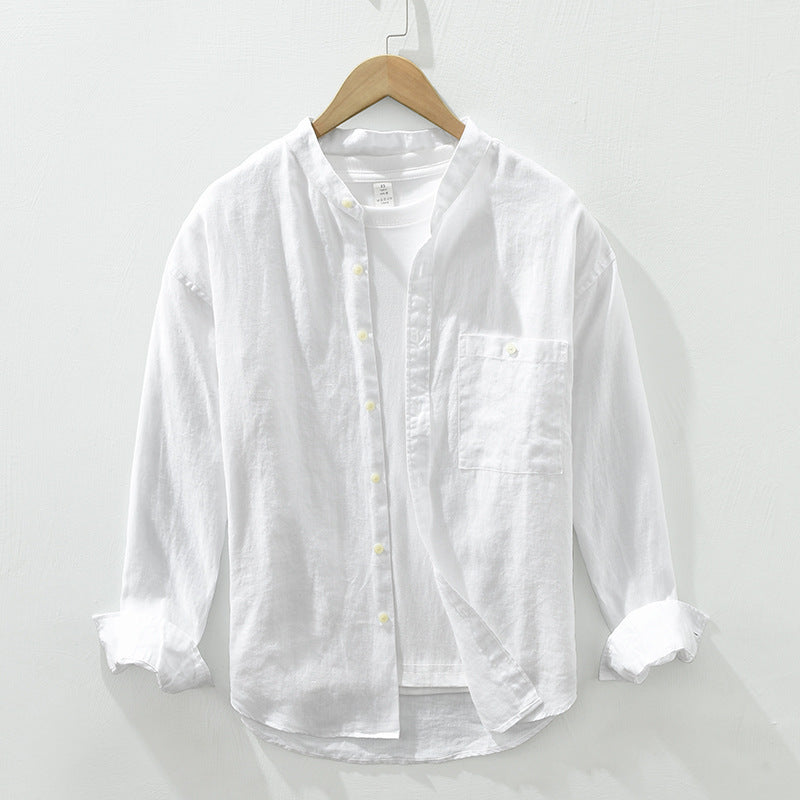 Stand Collar Long-Sleeve Linen Shirt – Casual & Loose Fit