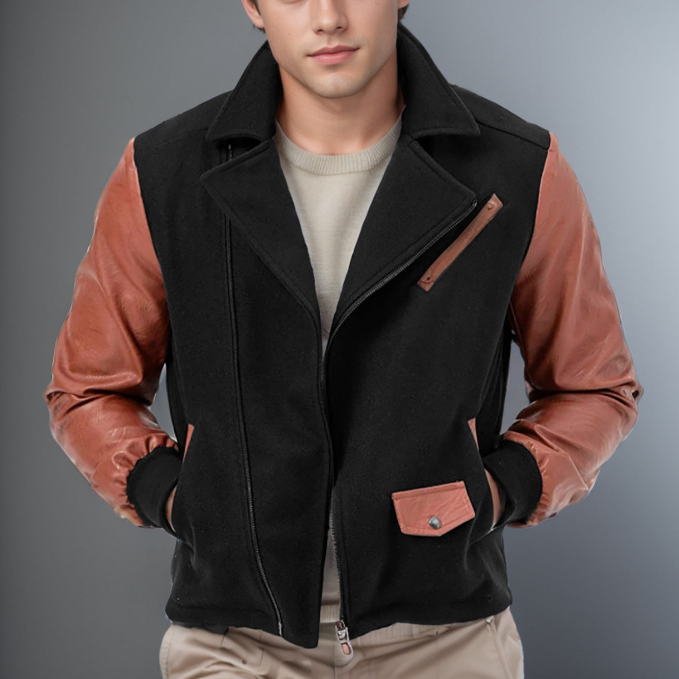 Men's Color Block Wool and PU Leather Jacket