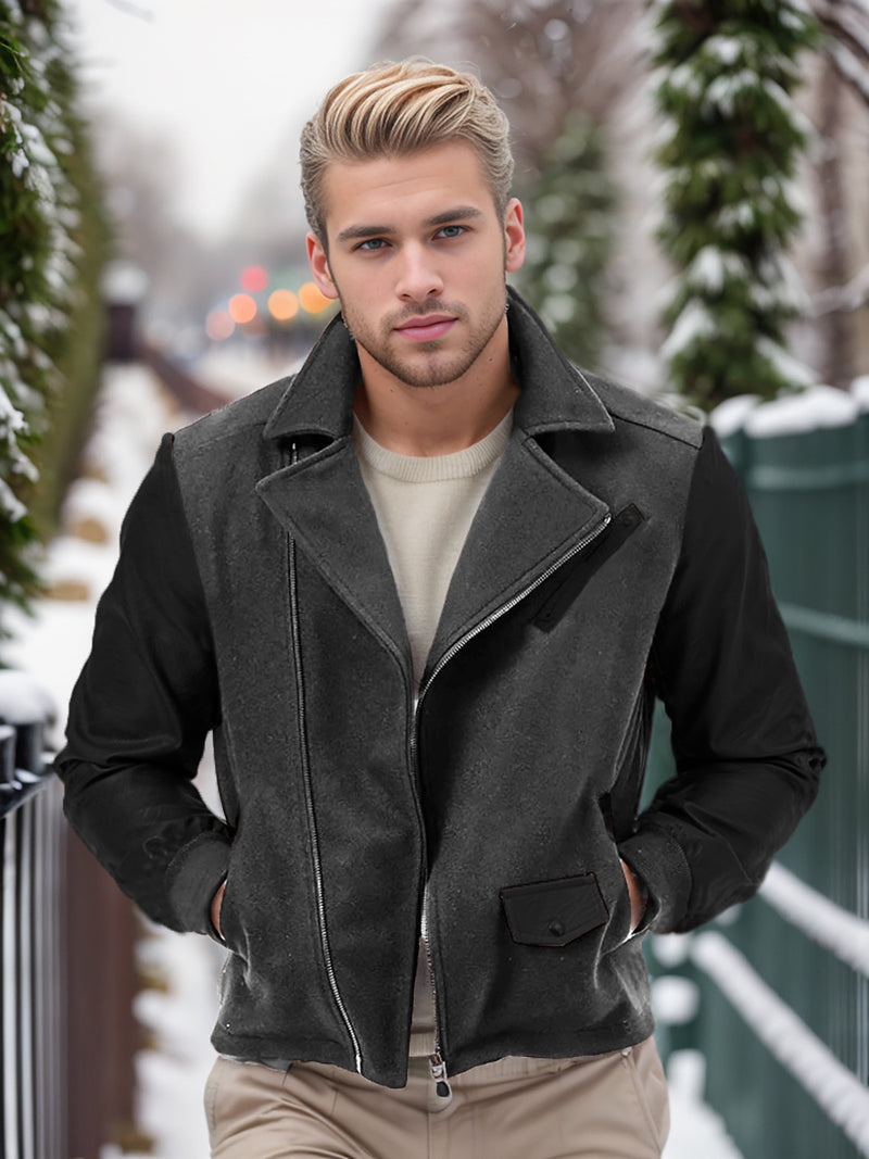 Men's Color Block Wool and PU Leather Jacket