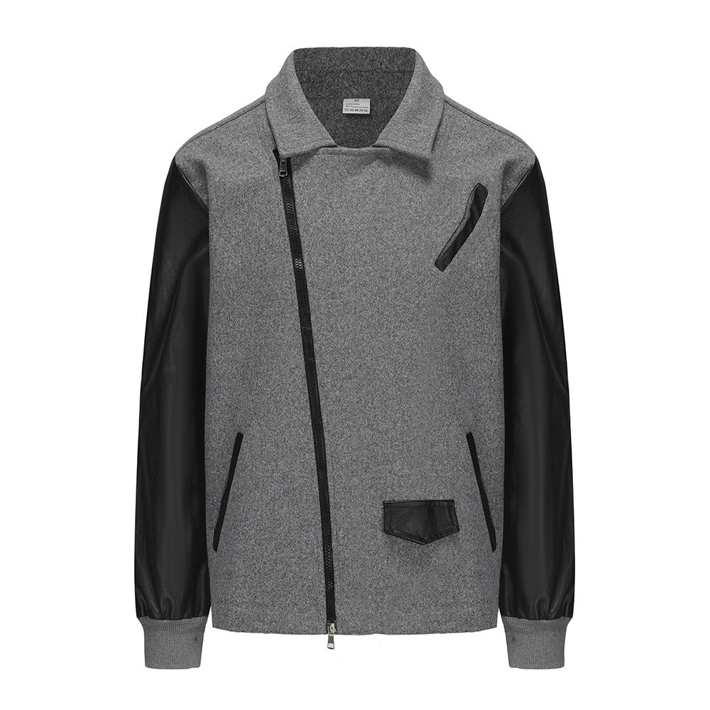 Men's Color Block Wool and PU Leather Jacket